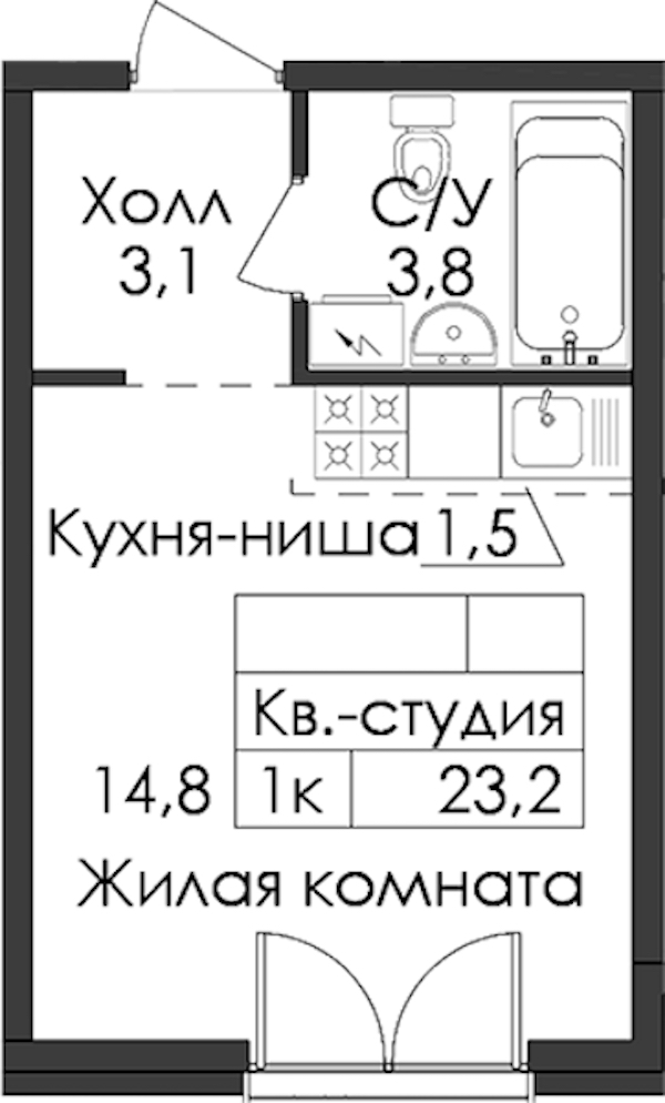 Квартира студия 23.2 м², 6/7 эт., ЖК «Лермонтовский 54»